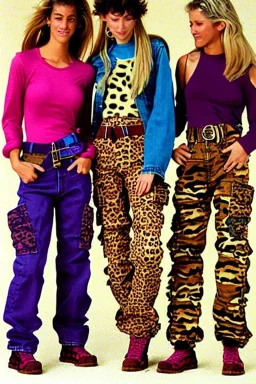 year 1997 denim fashion, "combat pants", cargo, Loose fit, low waist, baggy. Colors: denim blue, blue, purple, khaki, light green, lilac, plum, orange, terracotta, red, pink, dark blue, beige. Patterns: cheetah, balls, stripes. cheetah belt. Something between camouflage and cheetah prints. Women models. Sharon Stone, Sandra Bullock, Winona Ryder, Milla Jovovich, Big tennis shoes on. Latex in small part, areas, clothes..Combat pants. Leg warmers.