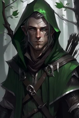 35 year old male dark rogue wood elf, thief assassin, Mauve hair, messy hair, bright green eyes, brown skin, black hood, black leather, messy, disheveled, trees, sneaky, bow and arrows, tall, skinny