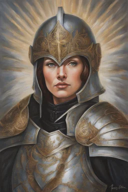 Portrait Art **Featured Art:** The Guided Warrior: A portrait of Joan in her armor, with a divine light illuminating her from above. This could symbolize her claim of acting under divine guidance. The light could be made up of words representing civil, public, and labor rights, showing her fight for justice. **Appearance:** art ideas that encapsulate the essence of Joan of Arc (an French female / women patron saint of France, honored as a defender of the French nation for her role in the siege o