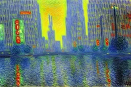 Cyberpunk City near the trees, claude monet influence, sci-fi, impressionism painting