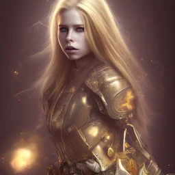 perfect face avril lavigne, yellow eyes,dress armor valkirye, golden, spiritual energy around particle fog, cloud, smoke,