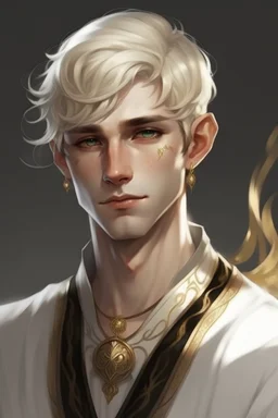 A young half elf man with White-Blonde, short hair, black eyes, dressed in white and gold with lots of jewelry, beautiful hero