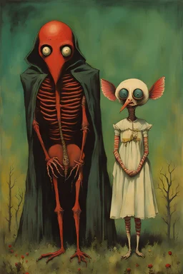 scary cartoon-style illustrations of fantastical creatures, ((pop surrealism)), creepy, nightmarish, macabre retro, They capture the aesthetics of old animated films, but with a touch of horror and mystery, inspired by Bill Sienkiewicz, davidlozeau, Nicolas bruno and max Ernst , ink and acrylic on canvas, scary but fun and whimsical, album cover art, comic illustration art, humorous and ominous, rich colours, quirky and whimsical and wonderfully bizarre art