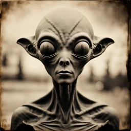 Black and white sepia photograph of a grey alien, film analog, dust overlay, eerie, high strangeness, surrealistic old photograph, mysterious,