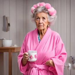 The image depicts an elderly woman, dressed in a pink bathrobe and wearing hair rollers, looking frustrated and exhausted. Her expression conveys a sense of irritation and weariness. She is holding a mug, likely containing a hot beverage, and appears to be taking a break or moment to herself. The overall scene suggests a woman going through her daily routine, perhaps feeling the effects of age or the stresses of daily life. The image presents a humorous, yet relatable, portrayal of a common expe