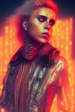 danish singer mø face, cyberpunk,orange tones, style free