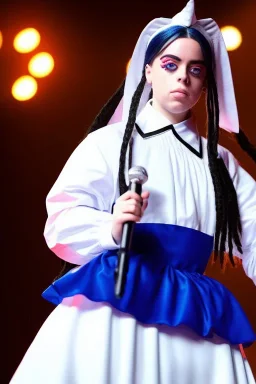 Billie Eilish, Maid Costume, high detail, realistic, 8k, not to be distinguished from a photo, identical pupils