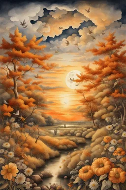 Art by joachim beuckelaer, Watercolor Vintage Style, vintage, full sunset, an ultra hd detailed painting of autumn, full moon, golden clouds, birds at the sky, decent wildflowers, orange and golden clouds, "art style that combines the elegance of line art with the vibrancy of watercolor wash. The artwork is highly detailed, with sharp focus and smooth transitions. The overall feeling is dynamic and highly polished, influenced by the works of Carne Griffiths, Wadim Kashim, an