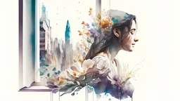 white background, Double exposure, woman, city, window, room, flowers, detailed, fine rendering, high detail, high resolution, 8K, illustration, gouache,