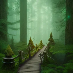 close up on slender green elf on wooden bridge in magical forest, torches, spray painting, foliage frame, fantasy art , movie poster, high definition,8k