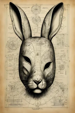 Hand drawn, art by Wayne Reynolds , Daren Bader and Tom Tenery, old paper with detailed schematics of a rabbit mask, detailed drawings, cross section, concept sheet sketch, 8k