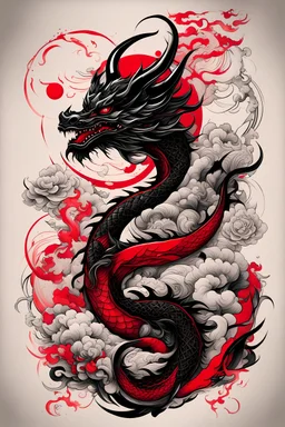 Create a captivating modern 2d black and red ink tattoo design for print , prestigious dragon using the elegant influences of japan art style, for print, dynamic elements from fashion and design, and bold Japanese contemporary art aesthetics, framing centered in the center, distanced from the edges of the paper perimeter,