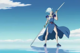 [Sea Elf] [Maormer] Hero Queen with [white hair] and [blue skin] wielding a blue glass greatsword on a ship with crew [fantasy] [realism] [Elder scrolls]