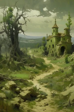 An olive green wasteland near an abandoned plague town painted by Henri Robert Bresil