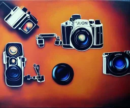 camera laid out flat. poster design. high detailed. oil on canvas. DSLR