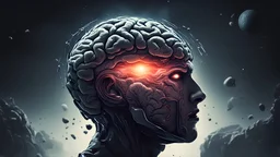 defective brain visible of space soldier head in a dark journey