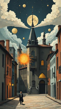 Old city ,minimalism, surreal a banker splash art explosion,minimalist surreal surrounding background,surreal lonely depth,deep soul spirit,fantasy surreal geometry,flat,utopia,album art,cover art,album cover,cinematic,8k,epic movie still,sharp focus,by Gustav Klimt,pascal blanche,rutkowski,repin,artstation hyperrealism painting concept art of detailed character,design matte painting,leaf