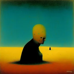 Sopor Aeternus depicting a fear of being alone, Style by Pawel Kuczynski and Ray Johnson, surreal horror, dynamic composition, color burn, based on the imagery of Zdzislaw Beksinski