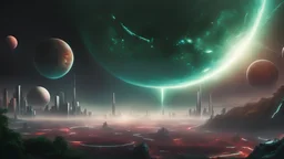 hyper realistic, tron legacy movie, beautiful green untouched planet and an inhabited planet below, space ships and few planets on the left, city of the future with green and dark red trees, hyper realistic