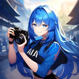 Clear focus,High resolution, Vibrant short blue hair, Vibrant blue eyes, Wearing a black short skirt,black crop top sleevelss,blue cut sleeves,black fingerless gloves, Smiling,Long bangs, Smiling, Holding the camera