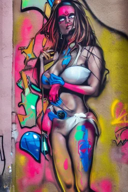 graffiti art on the back side of an abandoned building portraying a female super model posing confidently, 8k, highly detailed, centered, epic composition, graffiti art, splash art, street art, spray paint, oil gouache melting, acrylic, high contrast, colorful polychromatic, ultra detailed, ultra quality, CGSociety