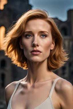 32k uhd, a close up portrait photo of 18yo, mix (gillian anderson jessica chastain), short haircut, tanned skin, hyper muscular body, background is city ruins, (high detailed skin:1.2), 8k uhd, dslr, soft lighting, high quality, film grain, Fujifilm XT3