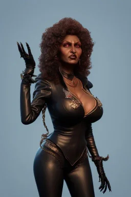 Pam Grier as evil queen in black leather, leather, busty, cleavage, angry, stern look. character design by cory loftis, fenghua zhong, ryohei hase, ismail inceoglu and ruan jia. unreal engine 5, artistic lighting, highly detailed, photorealistic, fantasy