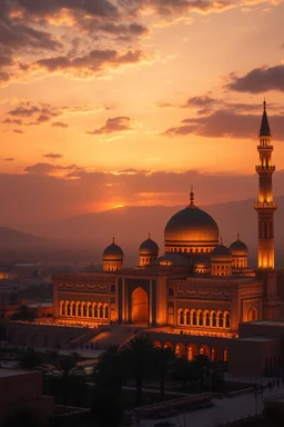 photographic realism. a beautiful Middle-Eastern scene at sunset. atmospheric. huge palace and immense view of the night sky.