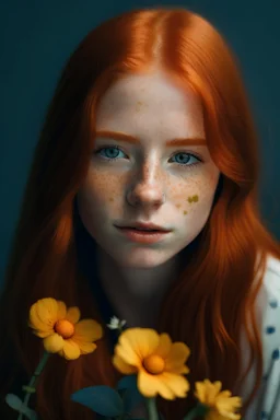 Redhead freckled girl with flowers