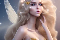 smiling, beautiful, soft,smiling, straight and long blonde hair, dewy and shiny atmosphere, diamond crown, long fairy wings in the back, full head, curly hair, golden veil clothes, bacground pink and blue