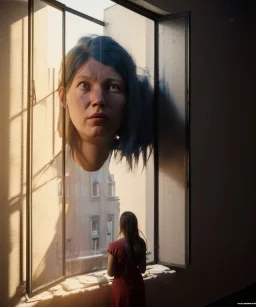 Realistic image, super giant woman head inside a house, looks out through the windows. people on the street are watching him, soft color, highly detailed, unreal engine 5, ray tracing, RTX, lumen lighting, ultra detail, volumetric lighting, 3d, finely drawn, high definition, high resolution.