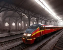 landscape of a train pulling into a station, hogwarts express, platfrom 9 3/4, dynamic lighting, dynamic movement, DSLR, panorama, wide-angle lens, perspective