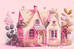 House illustration, realistic, detailed, illustrative, childrenbook style, pink house, cute plants