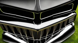 Photograph of a the front grill of a gorgeous, expensive, oldschool black muscle car with a big, black front grill, realistic, stylish, taken up close, symmetrical