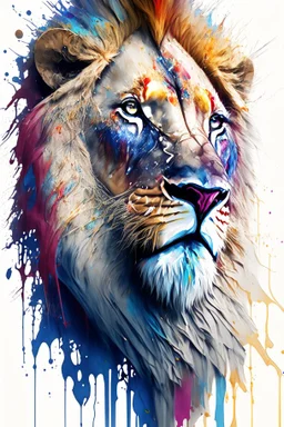 "lion", clean design, art station, splash of colorful paint, contour, ((solid white background)), looking into camera, hyperdetailed intricately detailed, unreal engine, fantastical, cinema lighting, intricate detail, splash screen, complementary colors, fantasy concept art, 8k resolution, DeviantArt masterpiece, watercolor, paint dripping