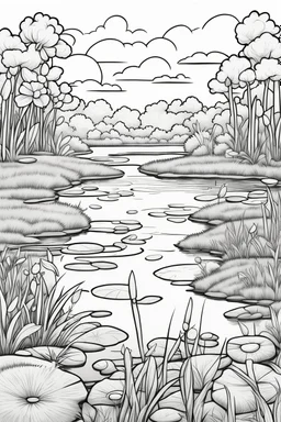 coloring page, pond in the field, cartoon style, thick lines, low detail, no shading