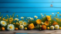 Garden flowers over blue wooden table background. Backdrop with copy space