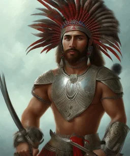 Guaicaipuro, native south american face, Muscular warrior, red feathers headdress, heroic pose holding spear