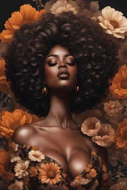 Create a aexpressionism art image of a curvy black female wearing a brown off the shoulder blouse, and she is looking down with Prominent makeup. Highly detailed tightly curly black afro. Background of large brown and black flowers surrounding her