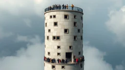 Cylindrical tower with lots of randomly placed windows, viewing platform on top, long queue of people waiting to go in, award-winning photograph, exquisite detail and realism