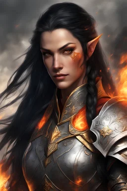 Generate a photo of a formidable eladrin Paladin. Picture a female with long black hair, half braided and half down, featuring a fiery element. She wears light armor, eschewing heavy protection as she harnesses fire and magic in battle. A prominent scar marks her face, a testament to past conflicts. Visualize her conjuring fire from her hands, with big, bright red eyes that resemble a fiery glow. The skin is tanned brown, portraying a warrior with strength and elemental mastery.