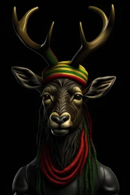 a masculine deer frontal view, with dreadlocks and green-yellow-red striped headband, in photorealistic, with a dark background