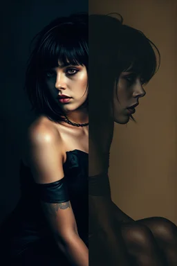 Poster in two gradually, a one side the Singer Melanie Martinez face, full body, sit pose, painting by Yoji Shinkawa, darkblue and sepia tones,sinister, detailed iridescent, metallic, translucent, dramatic lighting, hyper futuristic, digital art, shot with Sony Alpha a9 Il and Sony FE 200-600mm f/5.6-6.3 G OSS lens, natural light, hyper realistic photograph, ultra detailed -ar 3:2 -q 2 -s 750,malevolent goth vampire girl face and other side