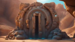 an ancient magical portal. stone golems. desert. cinematic lighting, hyper realisme, Hyperrealistic, splash art, concept art, mid shot, intricately detailed, color depth, dramatic, 2/3 face angle, side light, colorful background