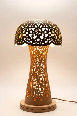 Create a product table lamp inspired by nyonya kebaya in wood material process laser cutting in white background