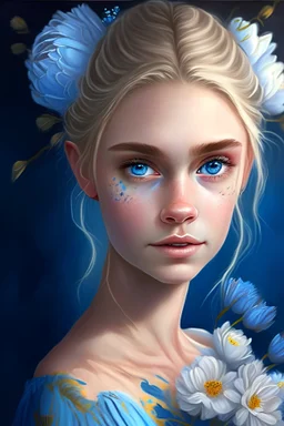 A pretty girl charming blonde Hair in a bun and blue eyes wearing a dress with flowers with beautiful tattue