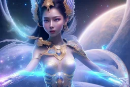  beautiful cosmic asiatic woman with blu color skin, long hair, nice smiling, magic glamour make up, delicate colors, beautiful glamour galactique dress, ultra sharp focus, 8k, unreal engine 5, extremely sharp detail, light effect, soft light atmosphere of a spaceship, smooth, full of details, face in front, complete vision of face and hair and body