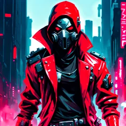 male cyberpunk assassin wearing a metal mask, red jacket