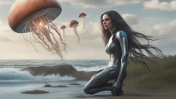 A Long-Haired Woman In A Robotic-Looking Catsuit Standing On A Beach, With Flying Mushrooms with Jellyfish Tentacles, a crashed Spaceship lying in the water, and a Forest in the distance, photorealistic