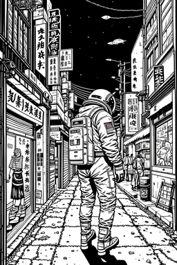 Vintage 90's anime style. a lonely astronaut walking down the street; by Hajime Sorayama, Greg Tocchini, Virgil Finlay, sci-fi. line art. Environmental arcade art.